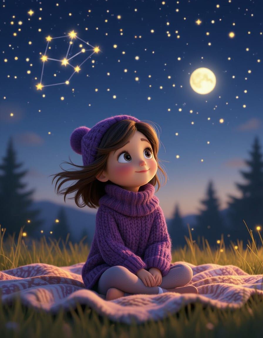 Girl Under Stars in Pixar Cinematic Style