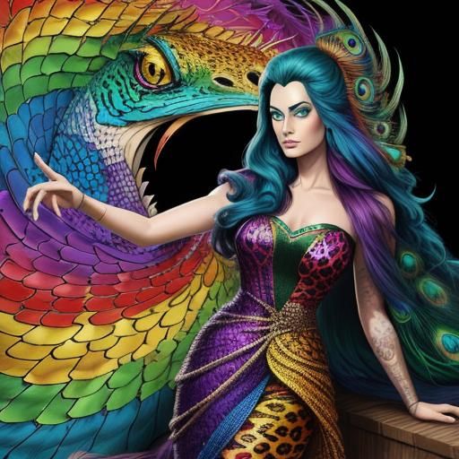 Woman with Dragon Scales and Peacock Hair, Comic Art