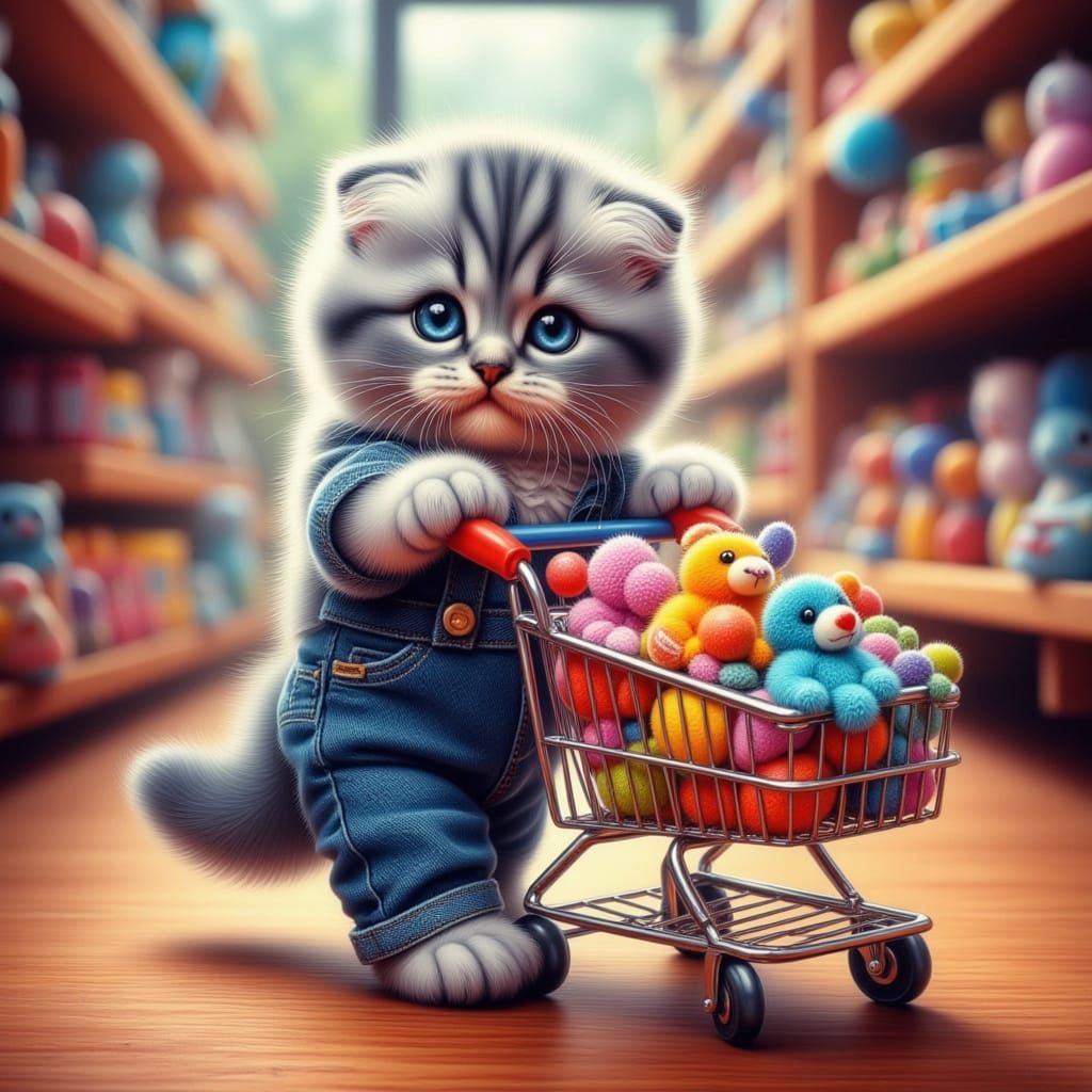 Fluffy Kitten Shopping at Toy Store