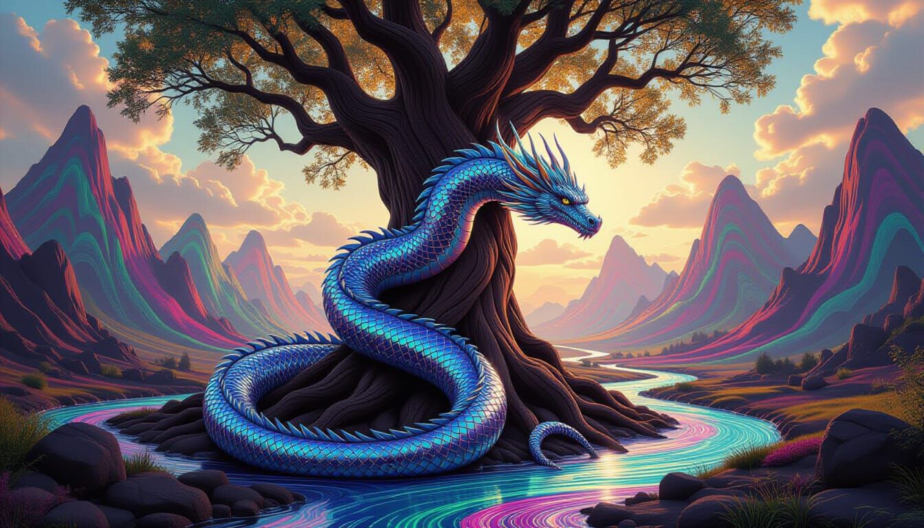 Mercury Dragon Coiled Around Chocolate Tree