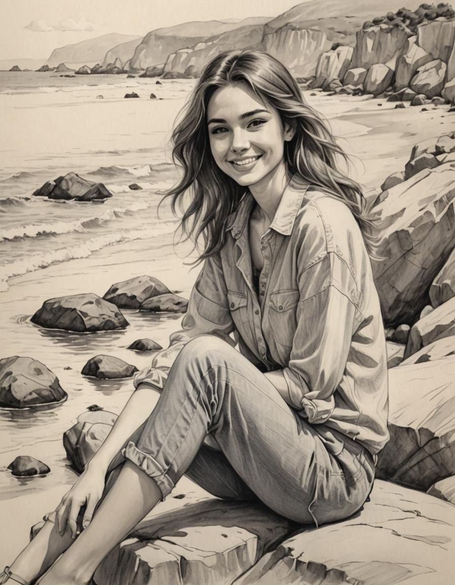 Beautiful young woman, Sitting on a rock At the beach , shy ...