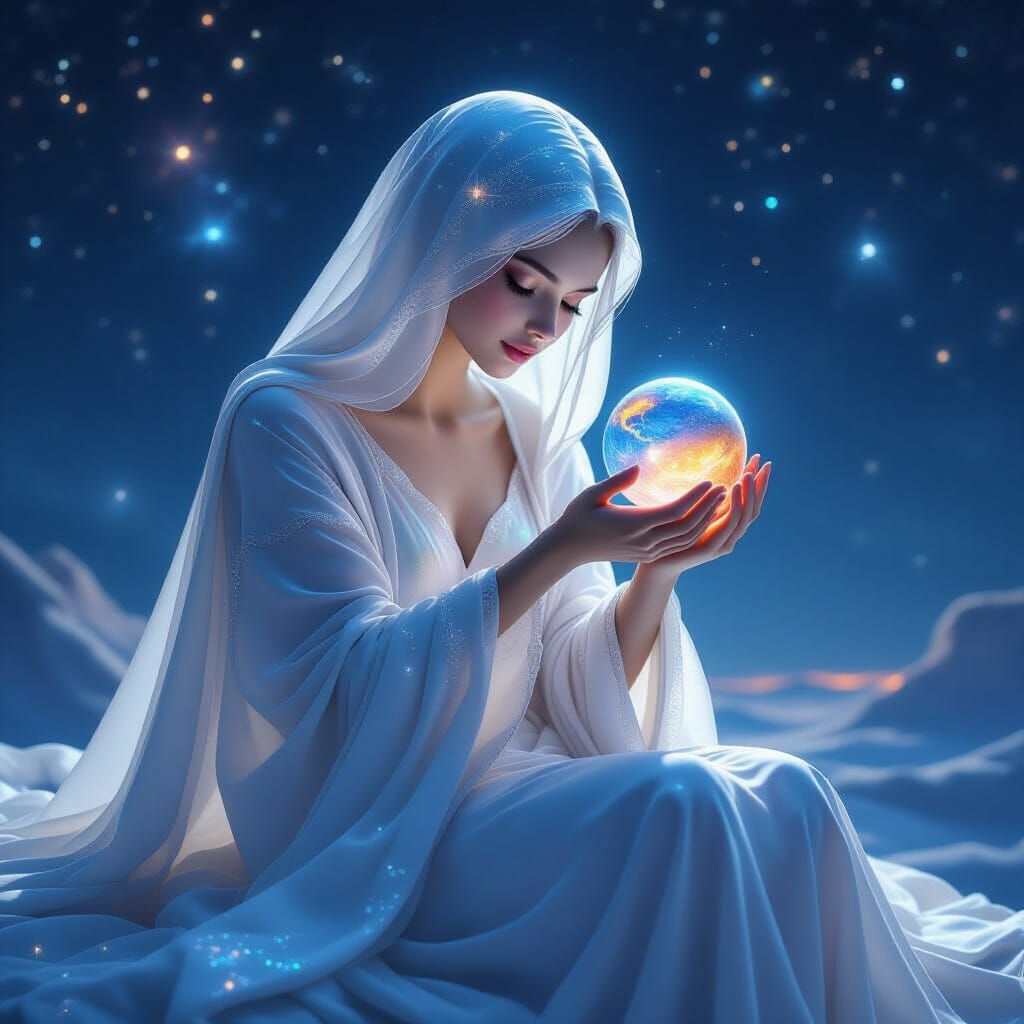 Celestial Being Holds Sleeping Planet in Stardust Robes