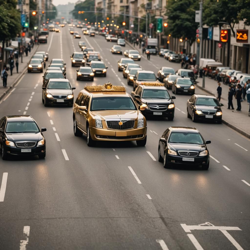 Gold Limousine Driven by Businessman on Road