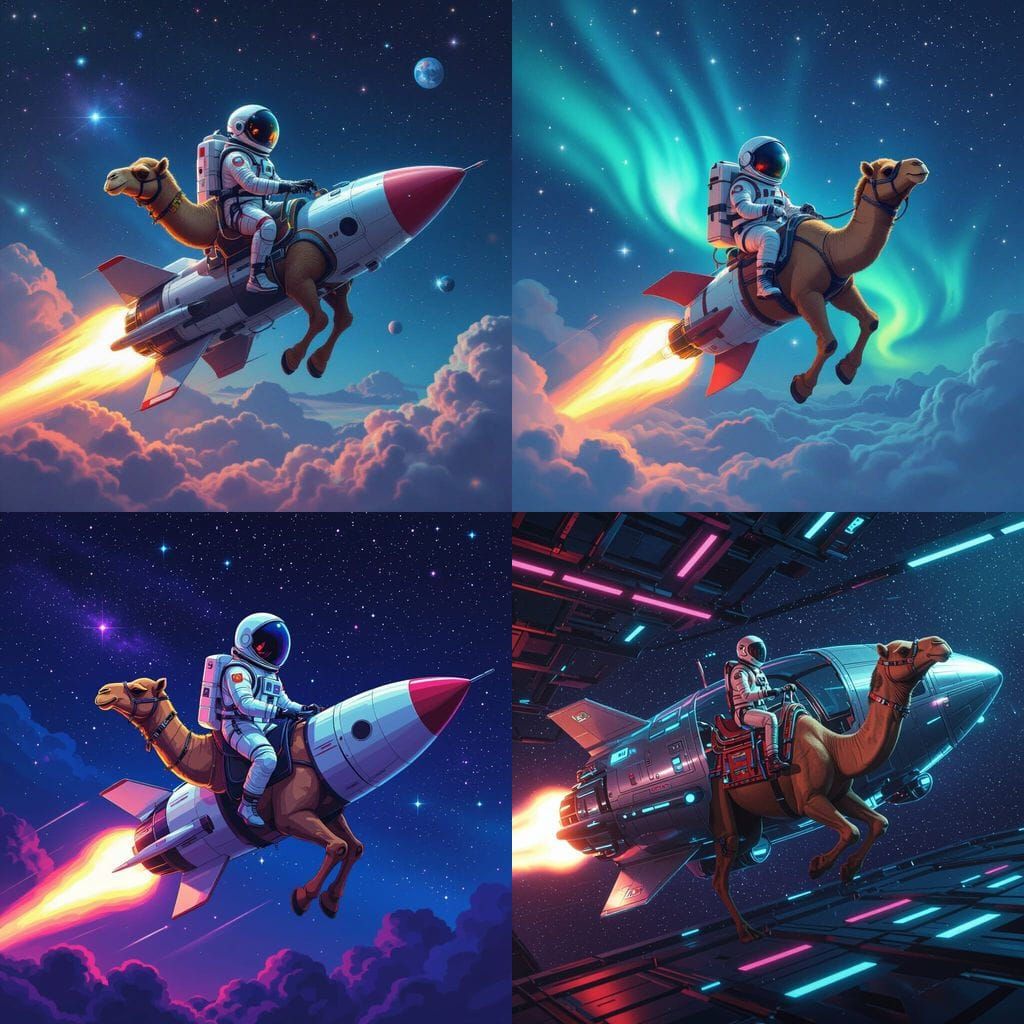 Camel Riding a Rocket Through Space