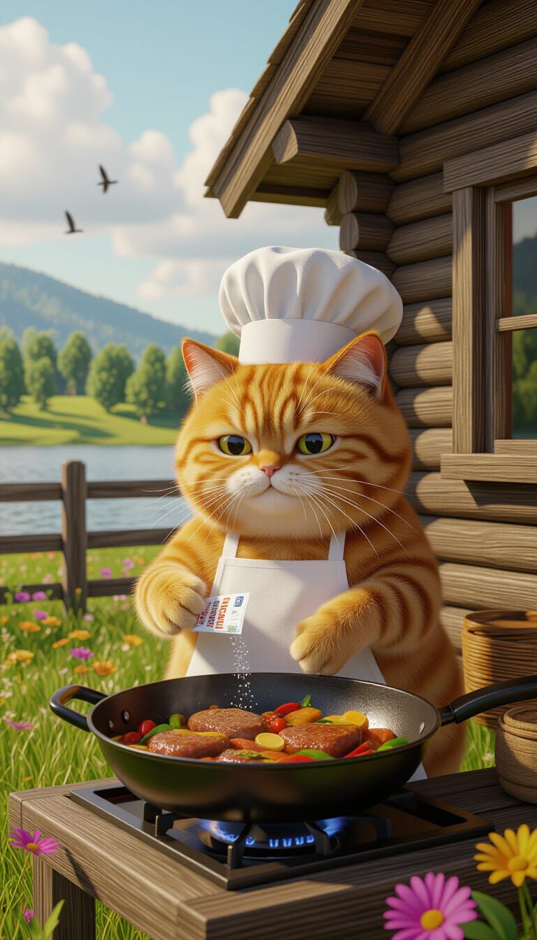 Orange Tabby Cat Chef Cooks Outdoors by Cabin in Ghibli Styl...