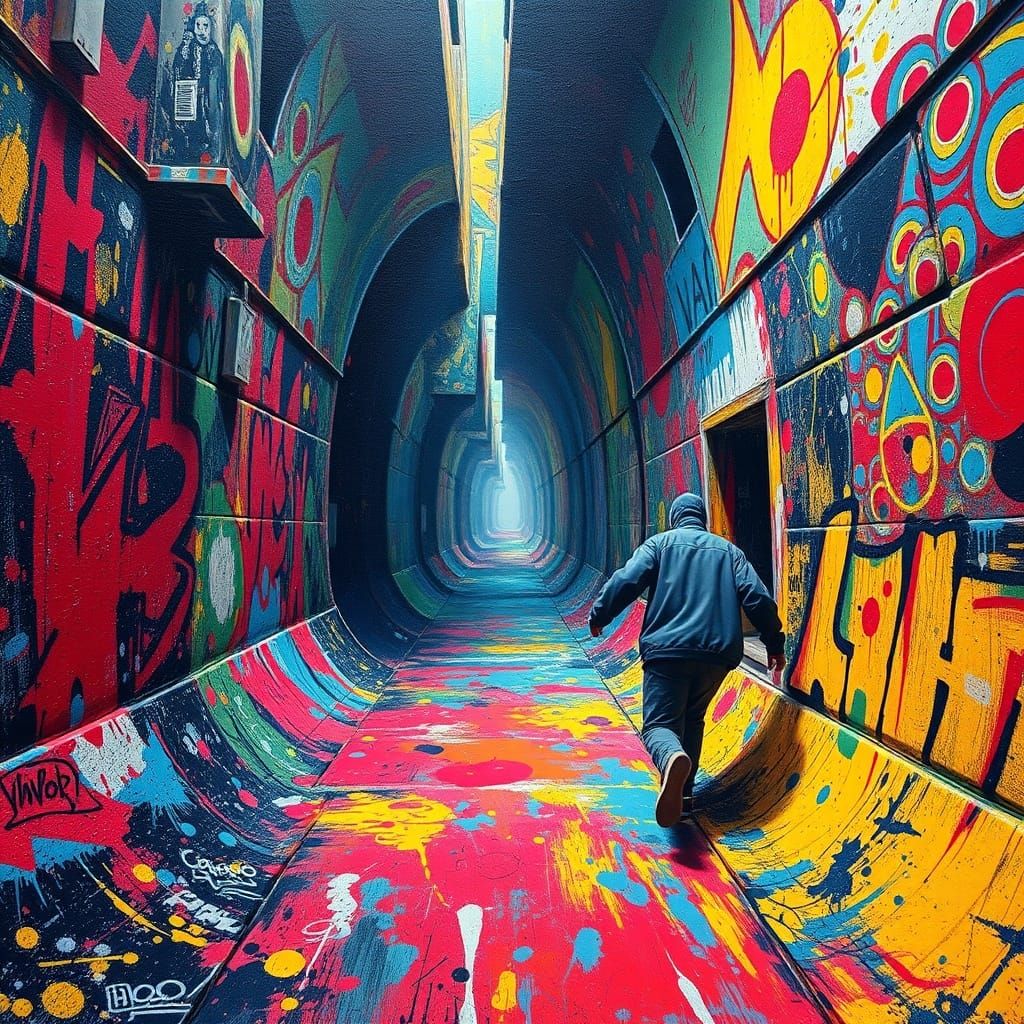 Person Lost in a Vibrant Labyrinth Street Art Mural