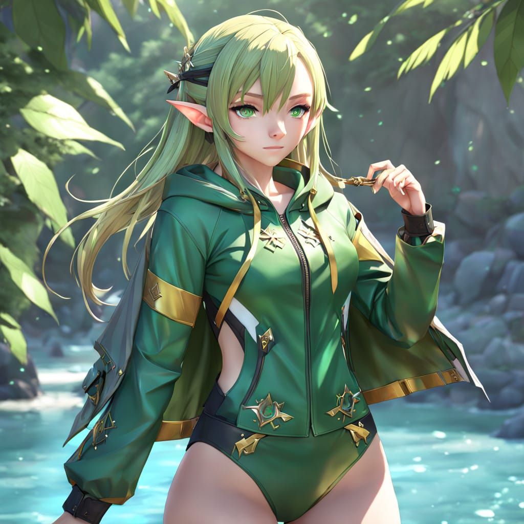 masterpiece, elf wearing jacket_partially_removed competition_swimsuit
