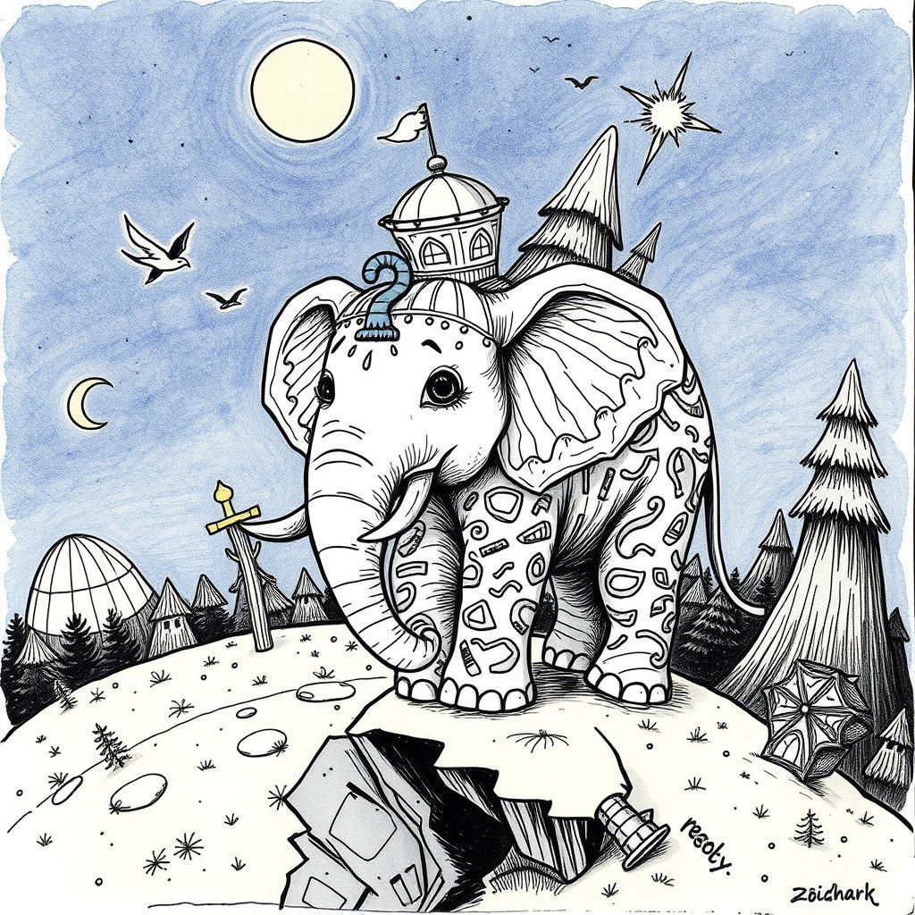 Fantastical Ink Drawing of Elephant Front