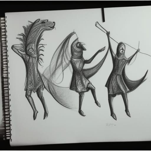 Dancing Medieval Beasts in Pencil Sketch