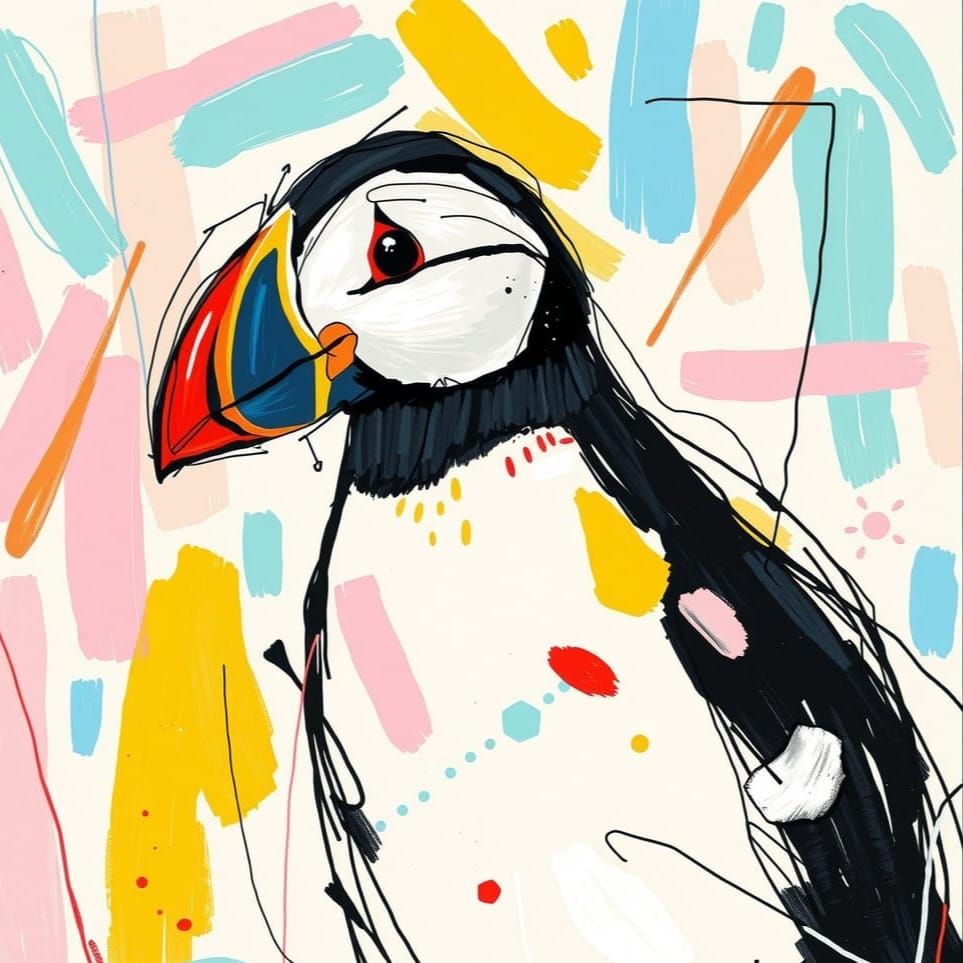 Abstract Puffin in Vibrant Expressive Lines
