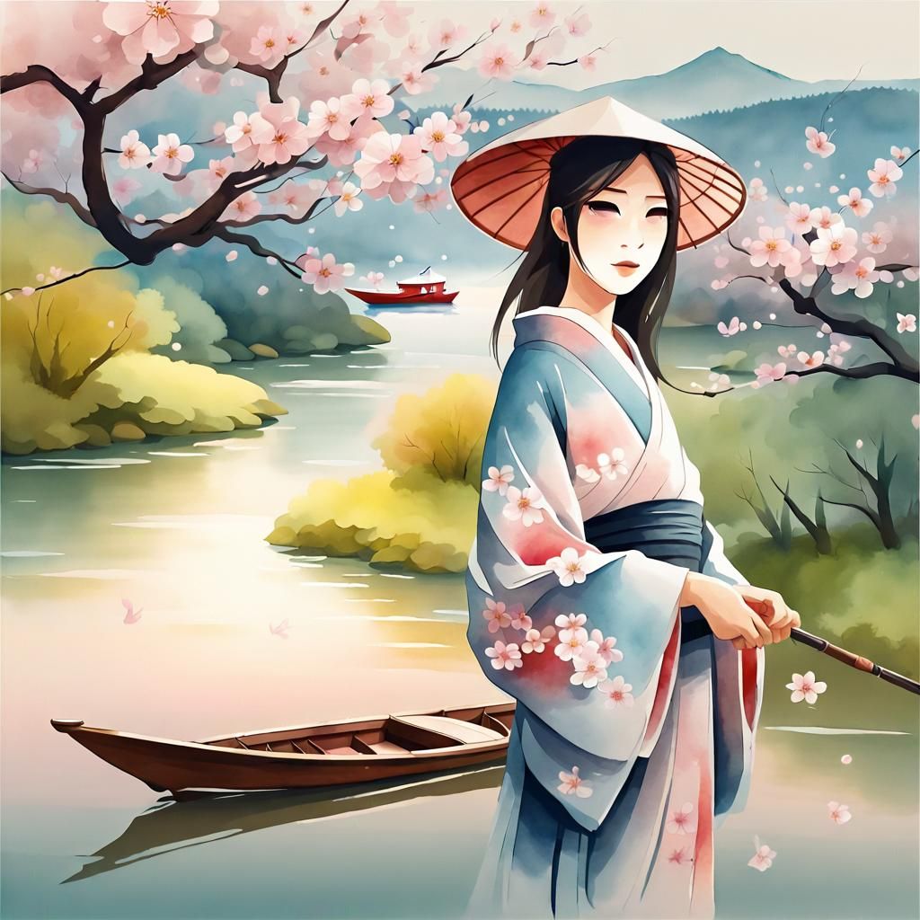Japanese Cherry Blossom Landscape in Watercolor Style