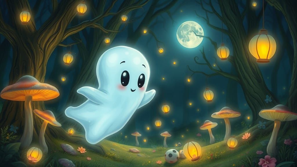 Friendly Ghost in Magical Forest, Fantasy Art