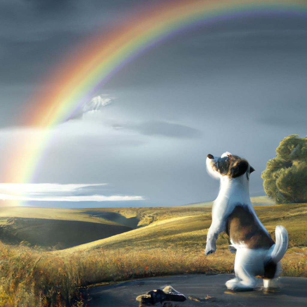 Dog Watches Colorful Rainbow: Photorealistic Art