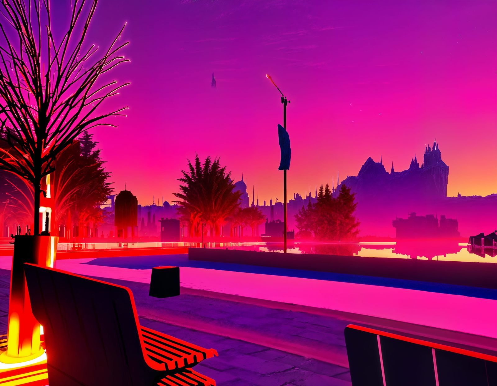 Fantastical Downtown Scene in Deep, Vibrant Colors