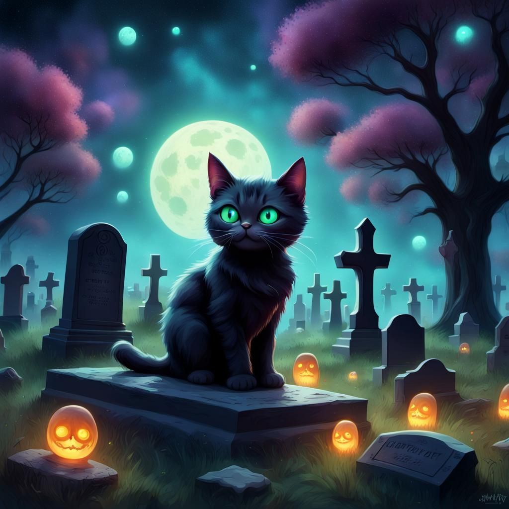 Adorable Cat Spirit in Graveyard, Pixar Style