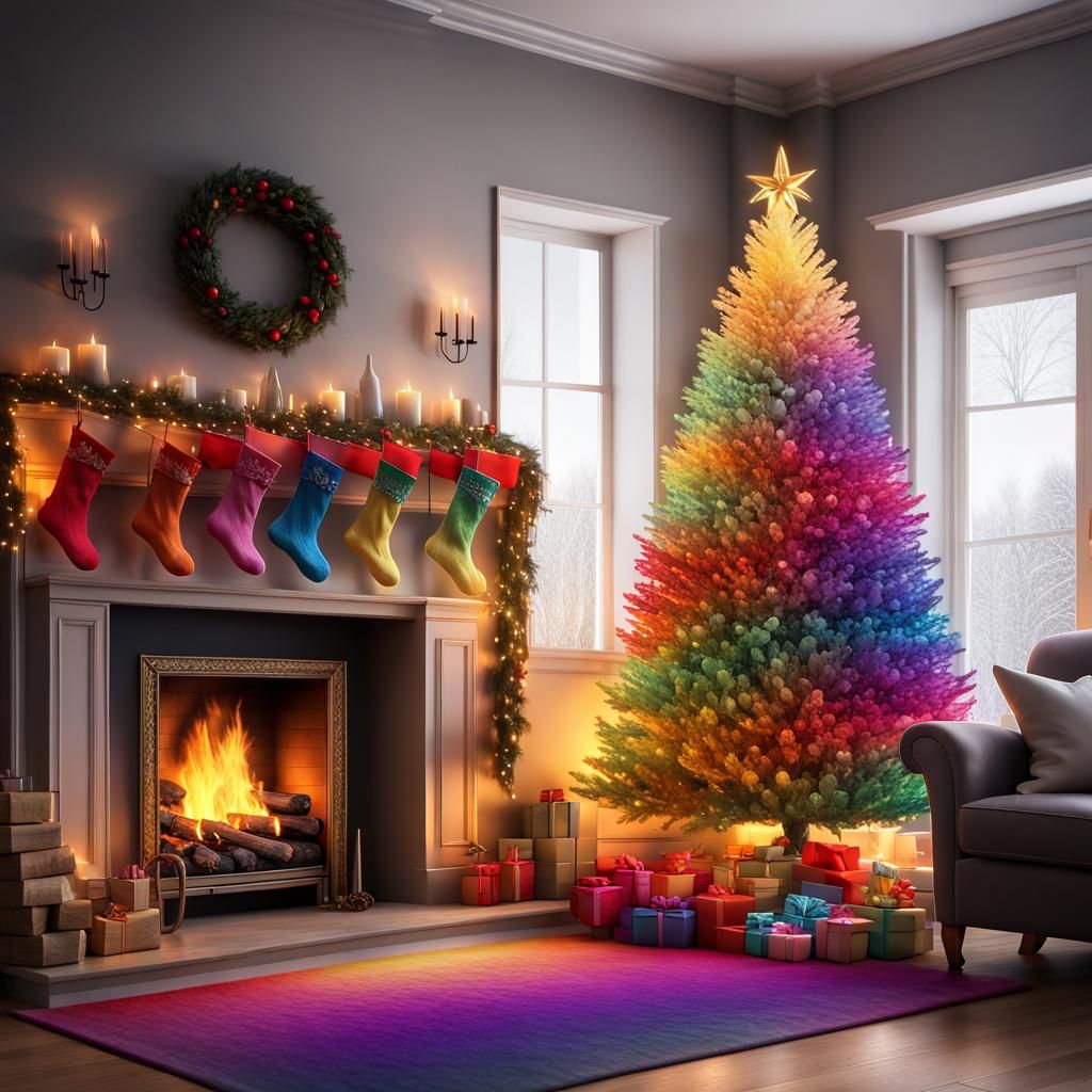 Rainbow Crystal Christmas Tree in Detailed 3D Scene