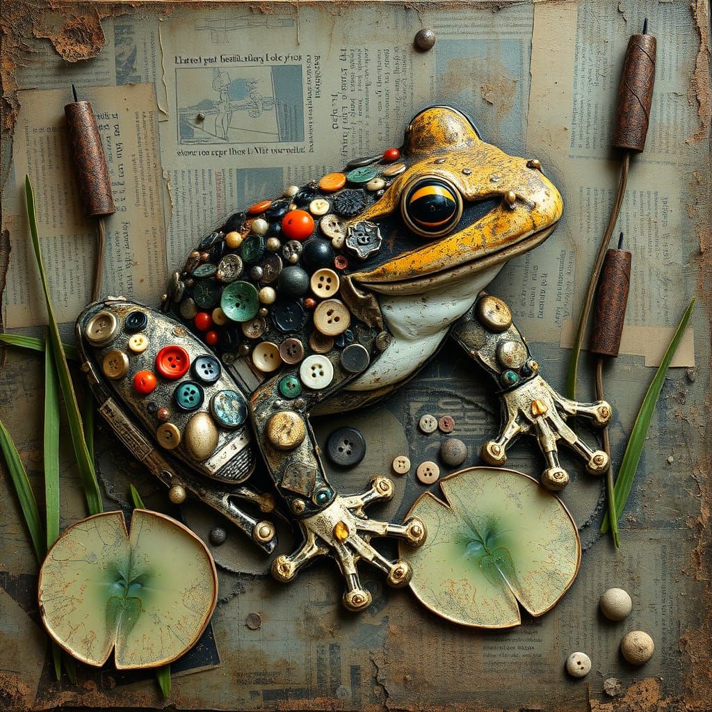 Grunge Frog Collage Art with Found Objects