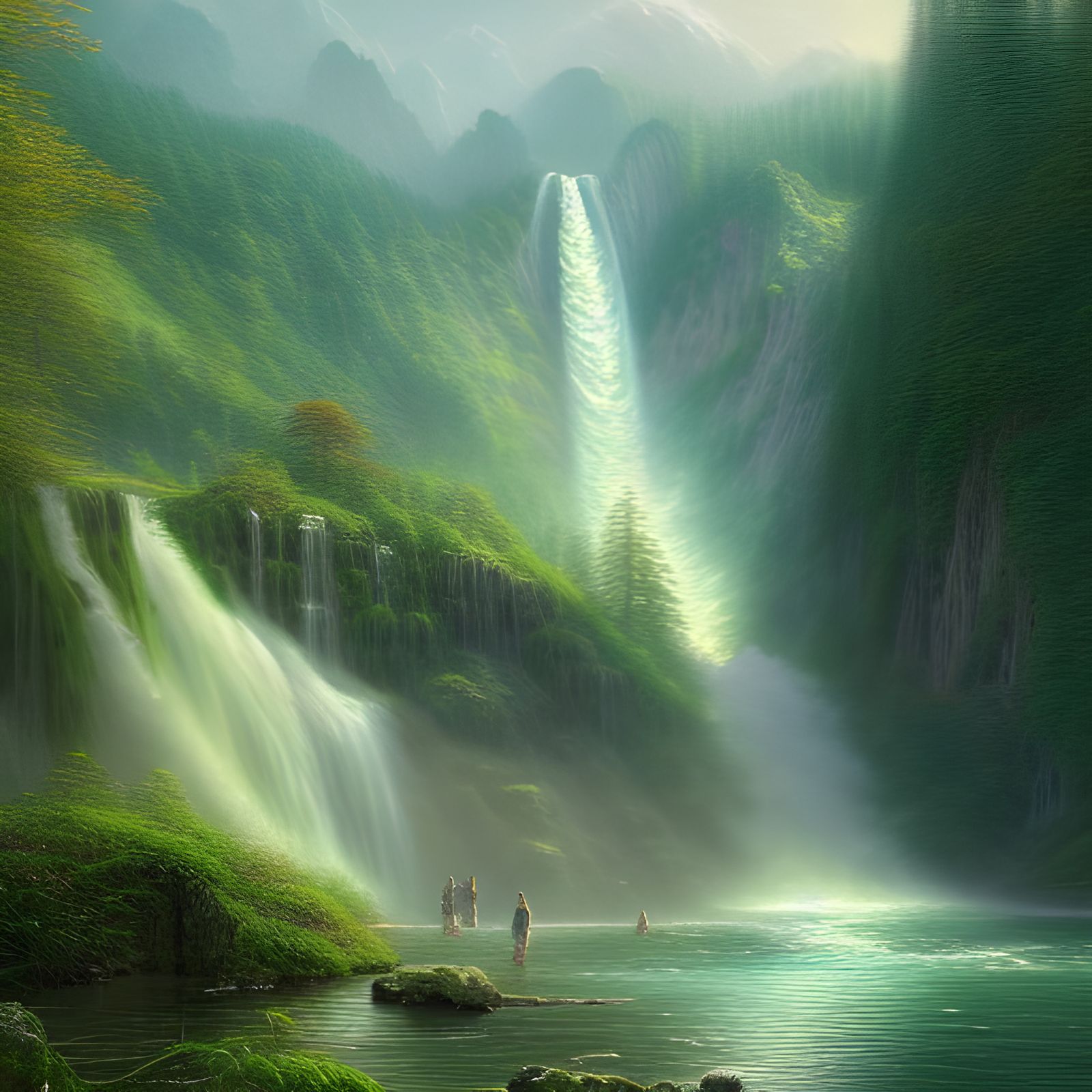 Verdant Paradise: Grandiose Waterfall Matte Painting