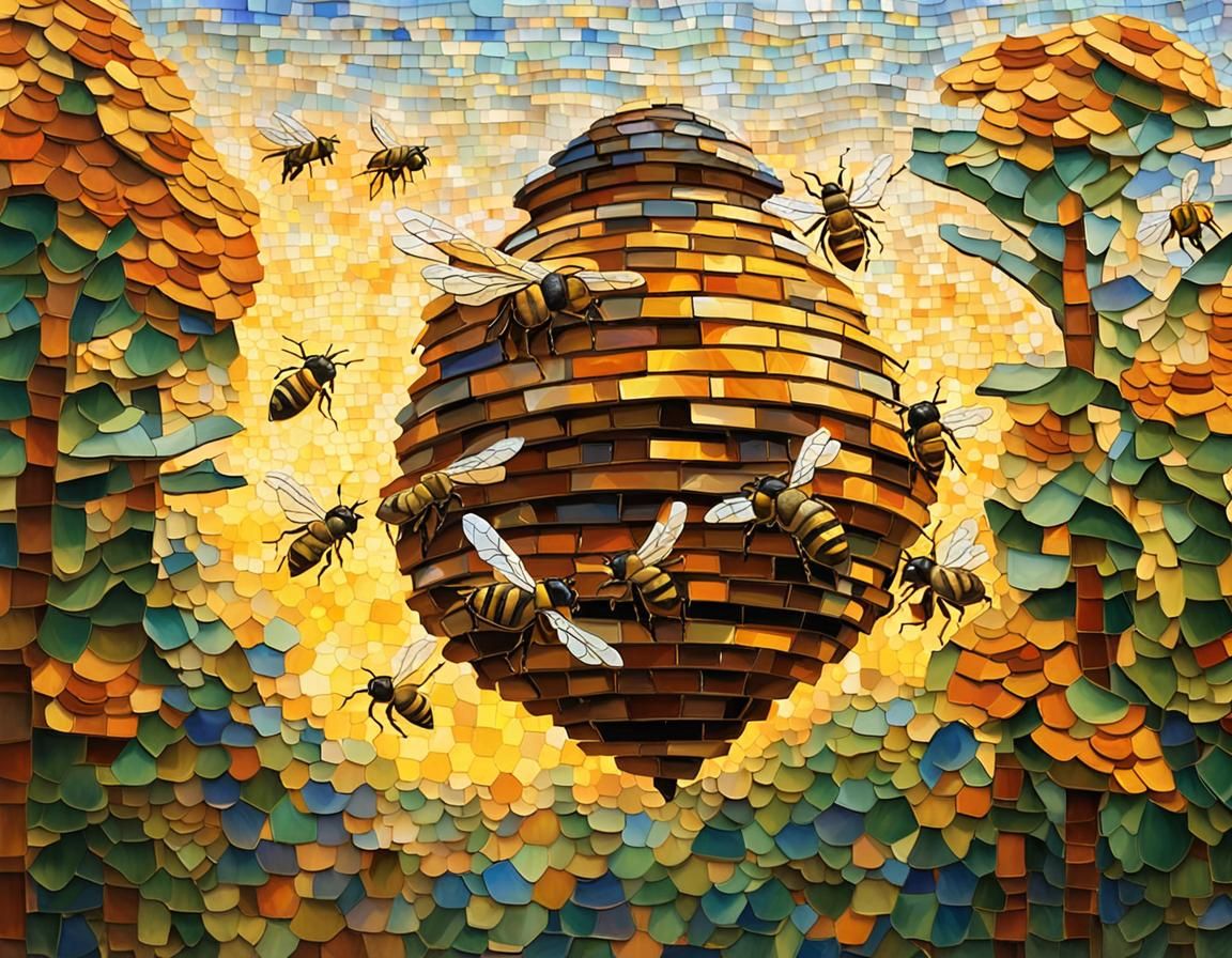 Bees and Beehive in Mosaic Fauvist Style