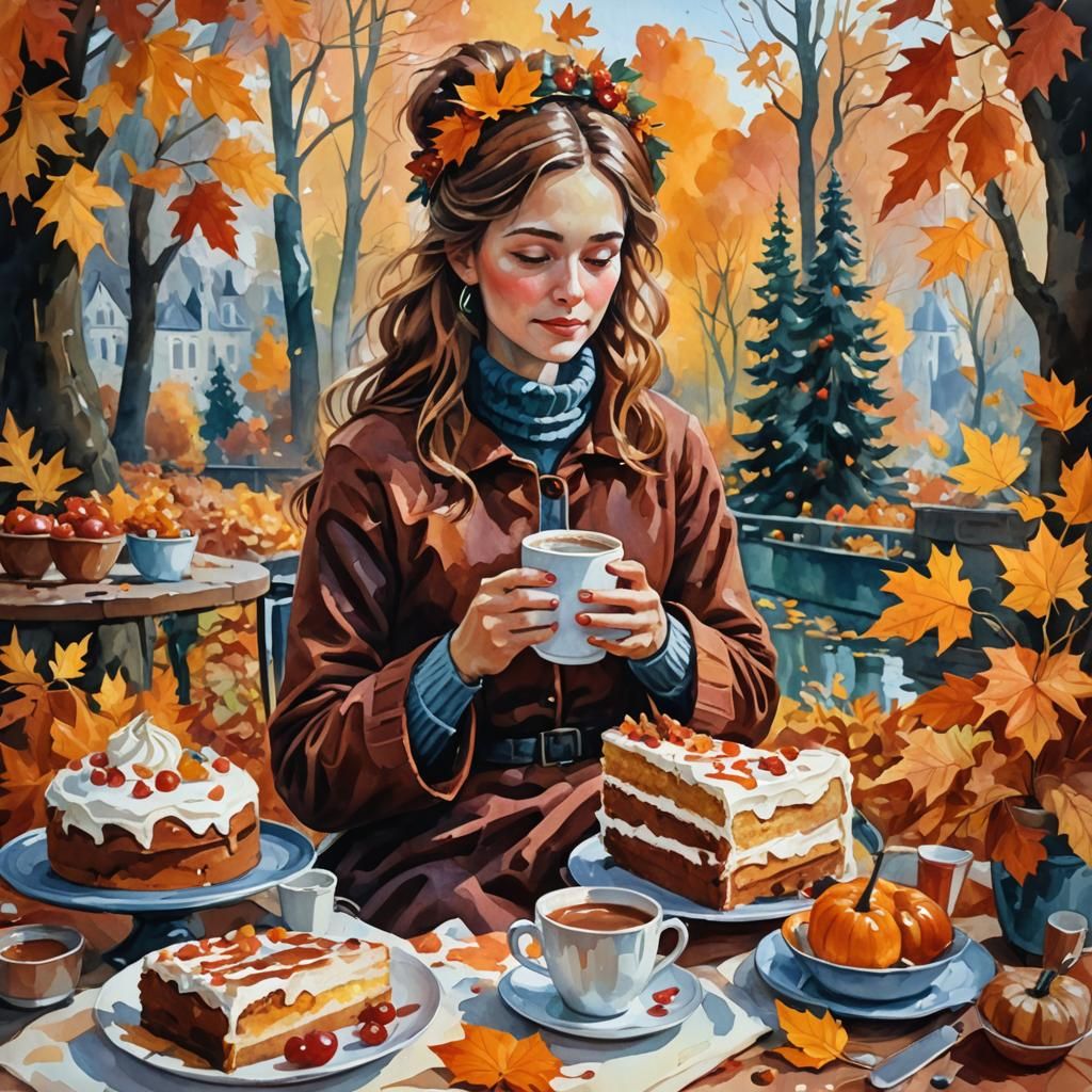 Autumn Cake with Woman in Gouache Watercolor Style