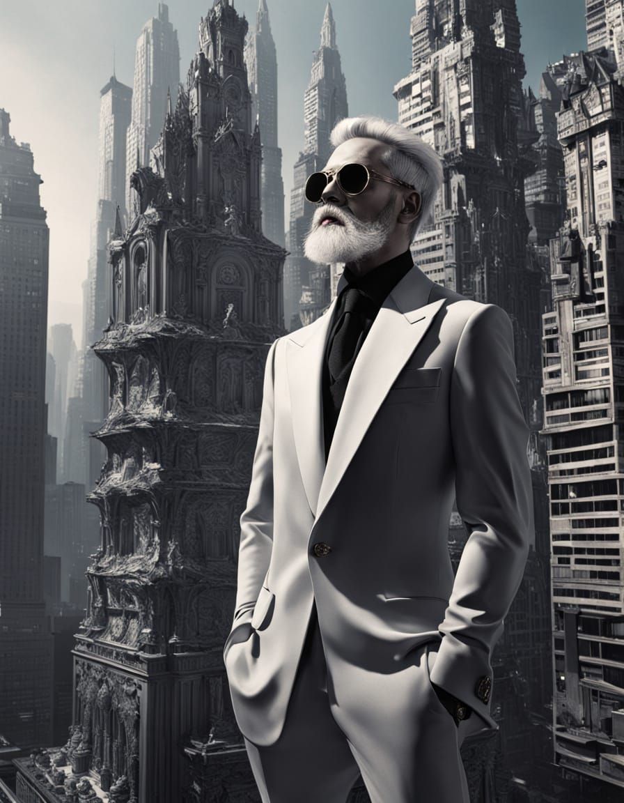 Cyberpunk Man Overlooking Dystopian Cityscape