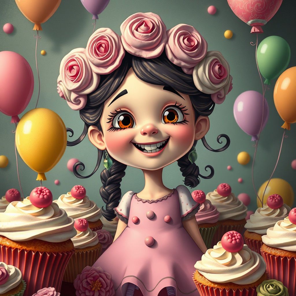 Whimsical Cartoon Girl with Cupcakes and Balloons