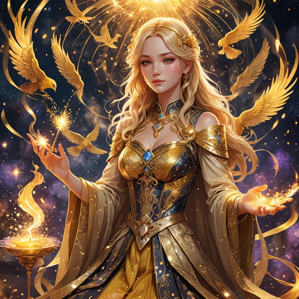 Blonde Tarot Reader in Anime Style with Phoenix Wand