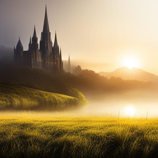 Golden Cathedral with Hovercrafts in Hazy Landscape
