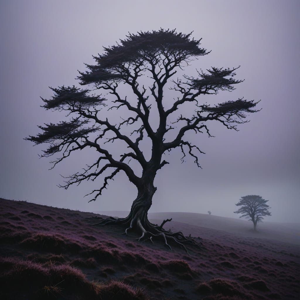 Desolate Moor with Gnarled Tree in Fog