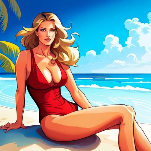 Baywatch type scene, comic style, blonde lifeguard