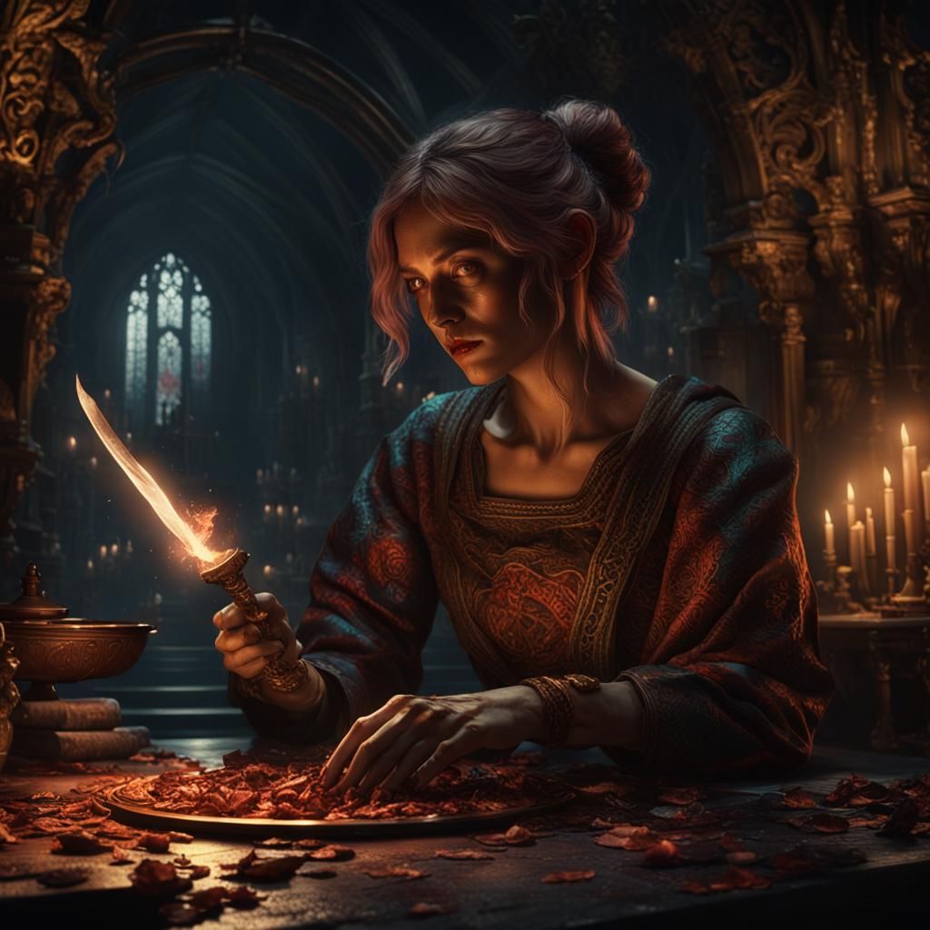 Dark Fantasy Woman with Knife in Grunge Style