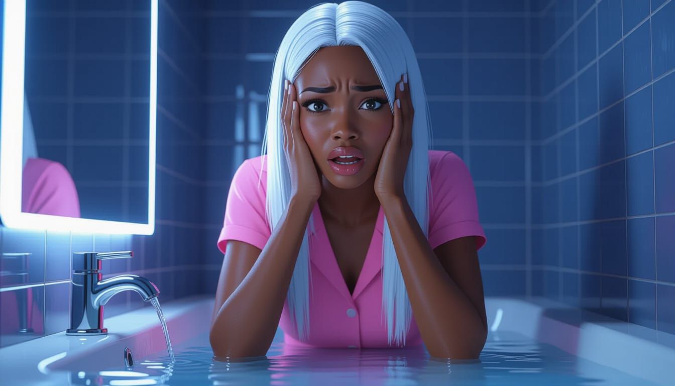 Scared Woman Washes Face In Dimly Lit Bathroom