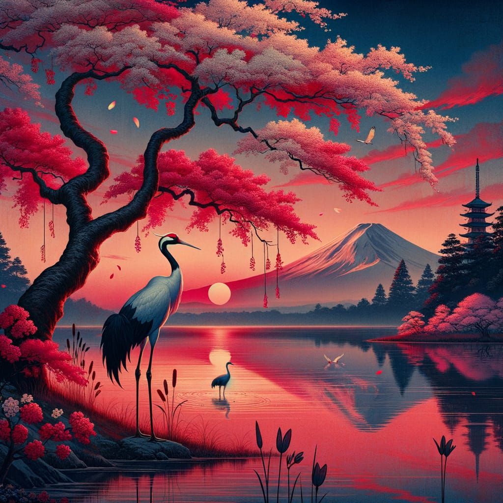 Majestic Japanese Crane at Sunset with Mt Fuji and Cherry Bl...
