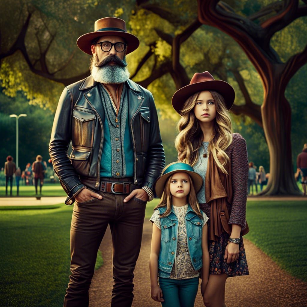 Hyperrealistic Family Portrait in Park, Detailed Abstract Ar...