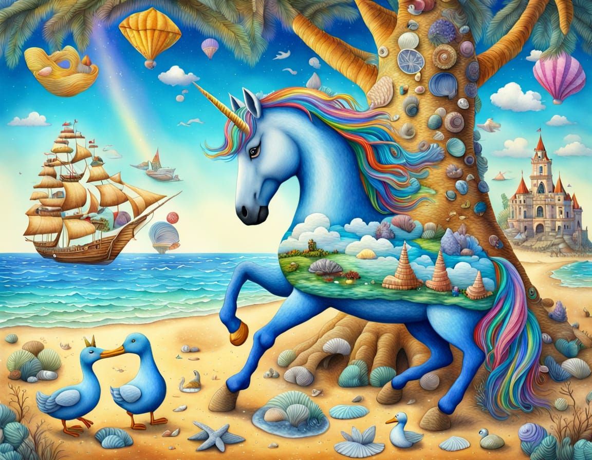 Vibrant Beach Scene with a Unicorn and a Duck in Aquarelle S...