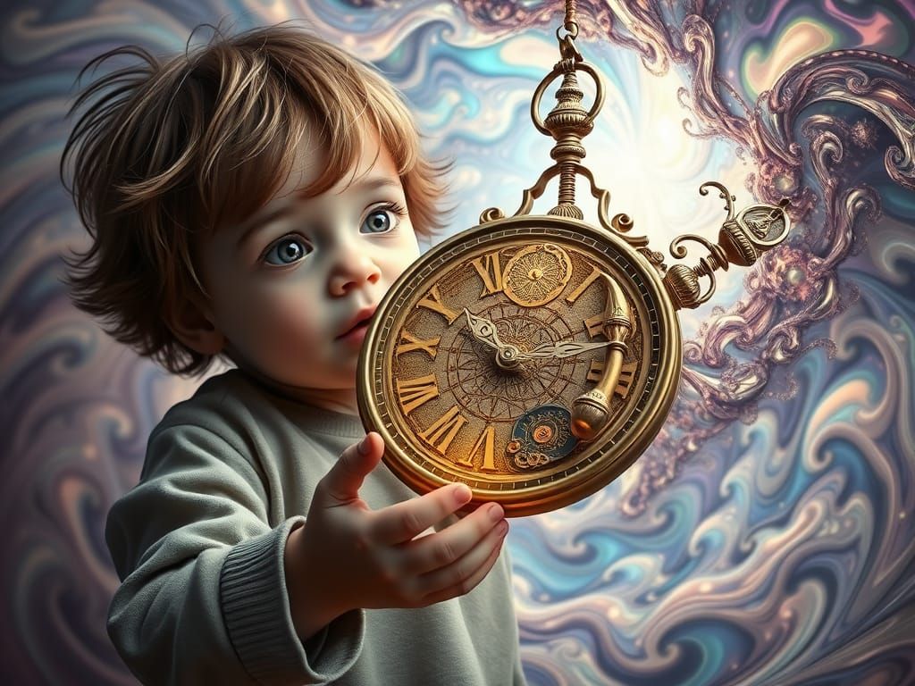 Child Defies Time with Inverted Clock in Surreal Dreamscape