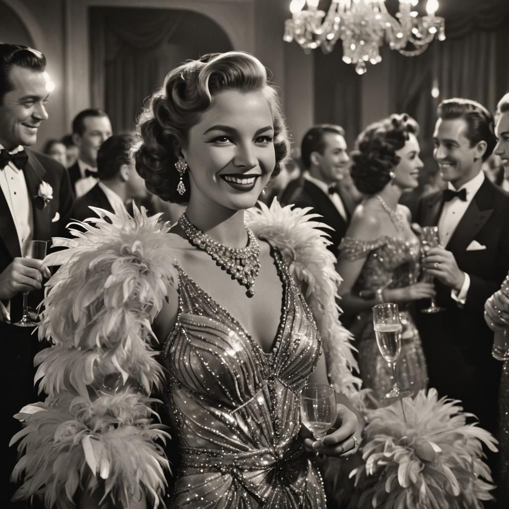 Glamorous Woman at Lavish Hollywood Party in Film Noir Style