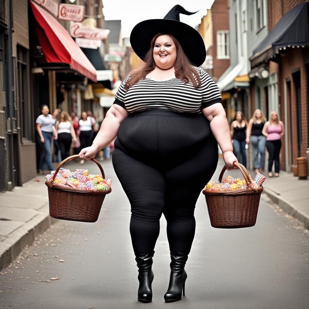 Two Chubby Witches Walking with Halloween Candy