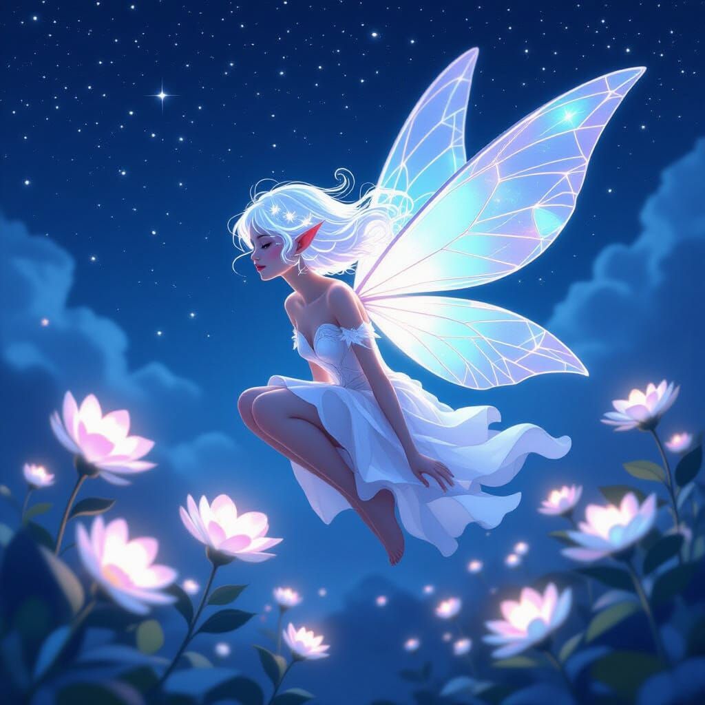 Fairy with Geometric Hair Above Bioluminescent Flowers