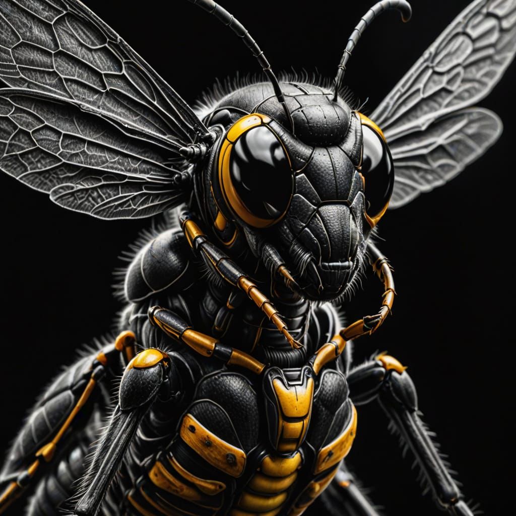 Humanoid Wasp in Hyperdetailed Charcoal Drawing
