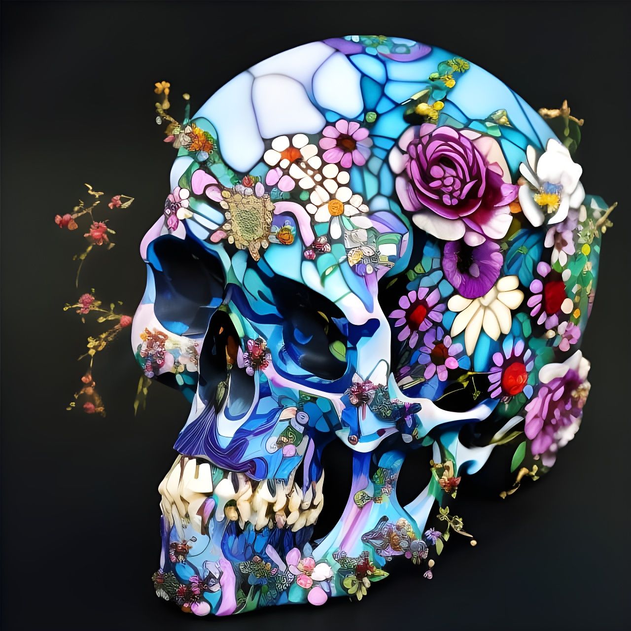 Floral Stained Glass Skull Illustration