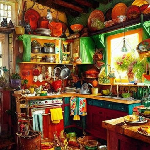 Maximalist Colorful Painting of a Cluttered Kitchen