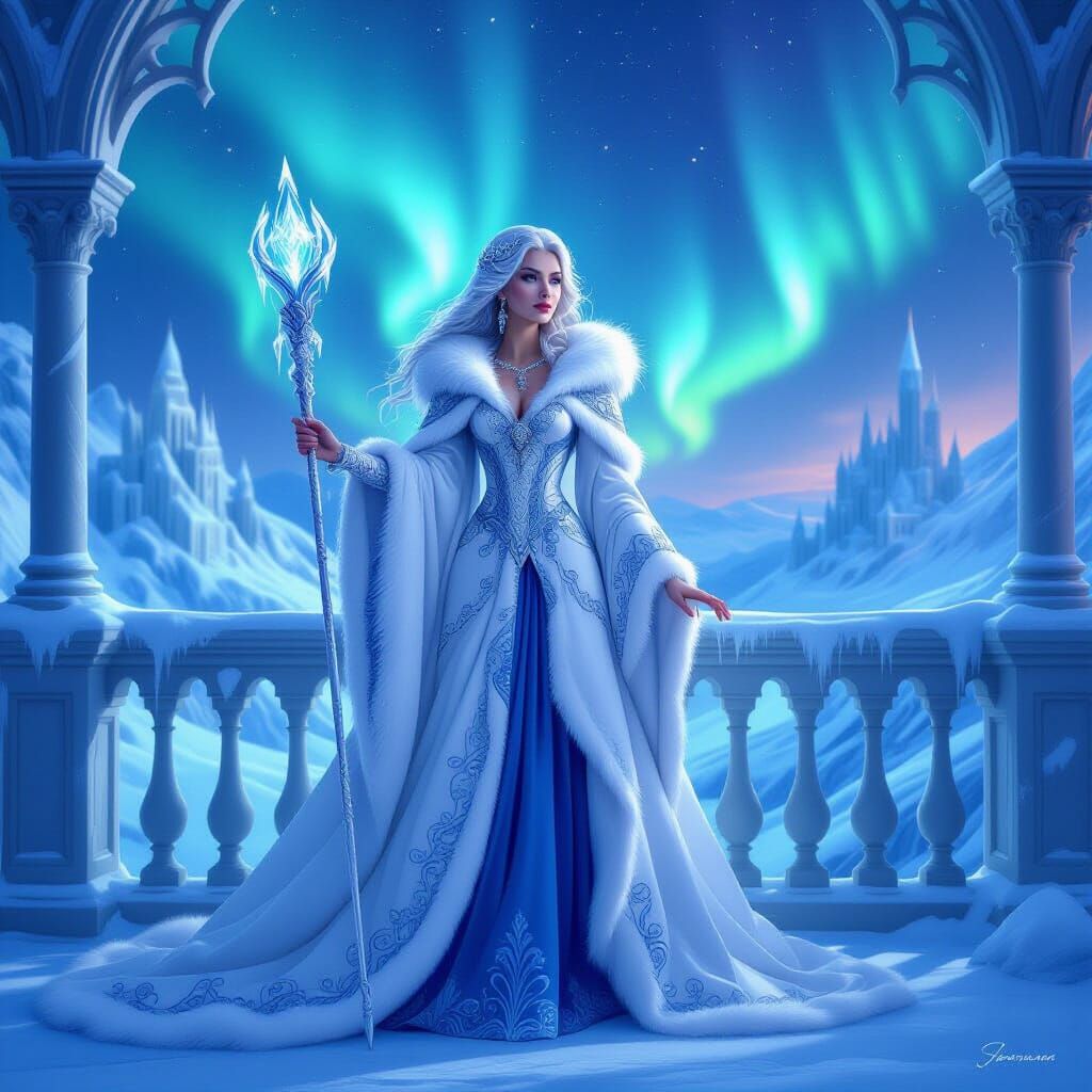 Winter Sovereign on Frozen Balcony Overlooking Icy Kingdom