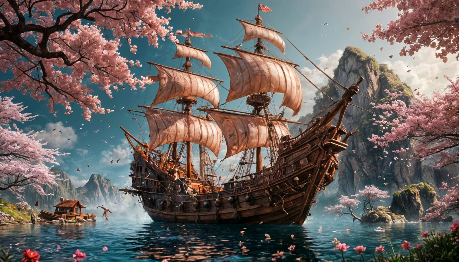 Moonlight Galleon Drifting Through Springtime Sky