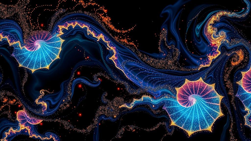 Bioluminescent Seashells in Swirling Ink with Fractal Dust