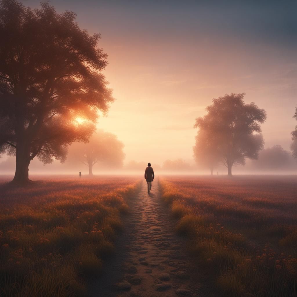 Foggy Sunrise Path: Fantastical Digital Painting