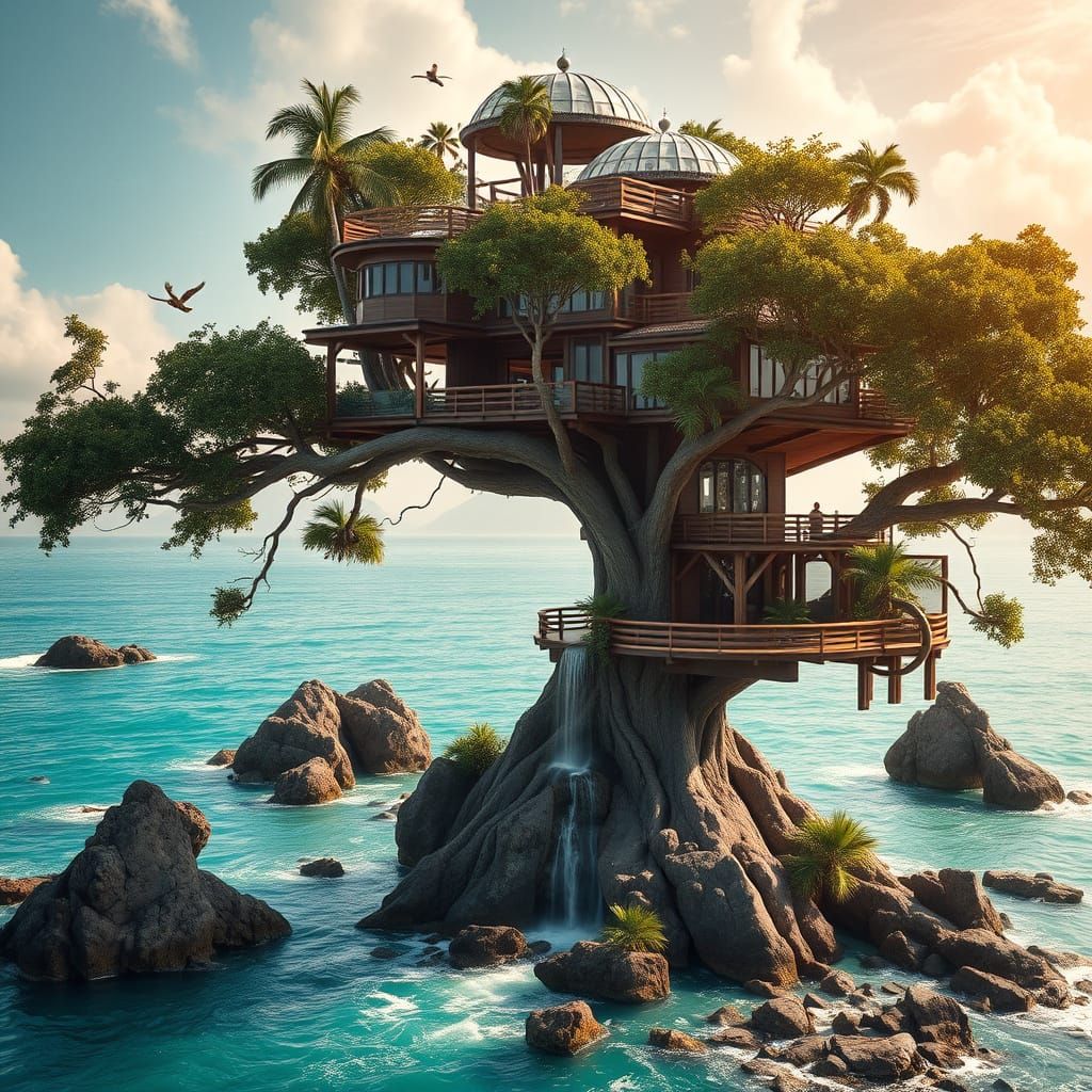 Island Treehouse Mansion with Glass Domes in 8K