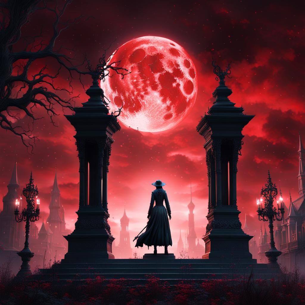 Bloodborne Weeping Woman Statue Under Black Moon