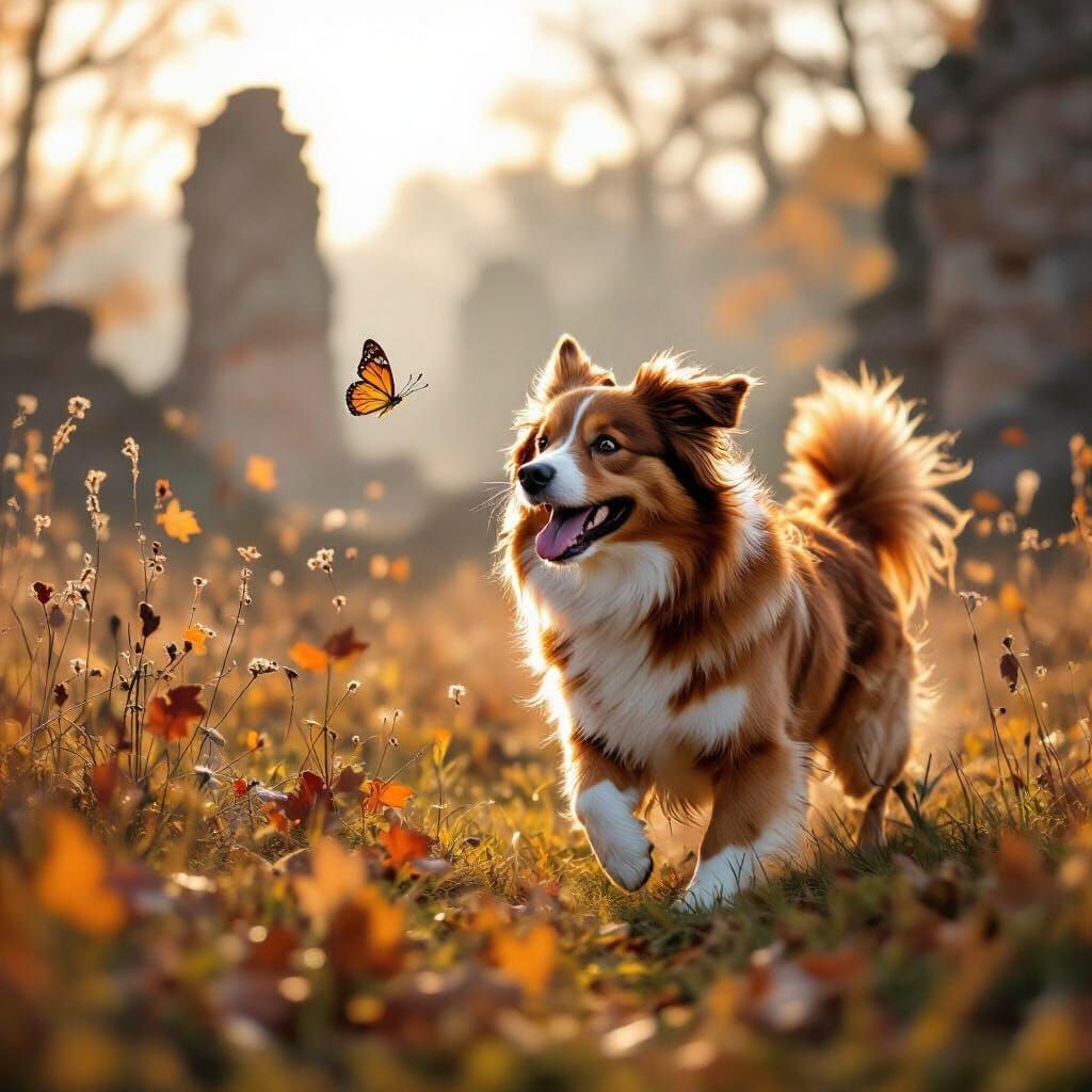 Mischievous Dog Chases Spectral Butterfly in Autumn Meadow