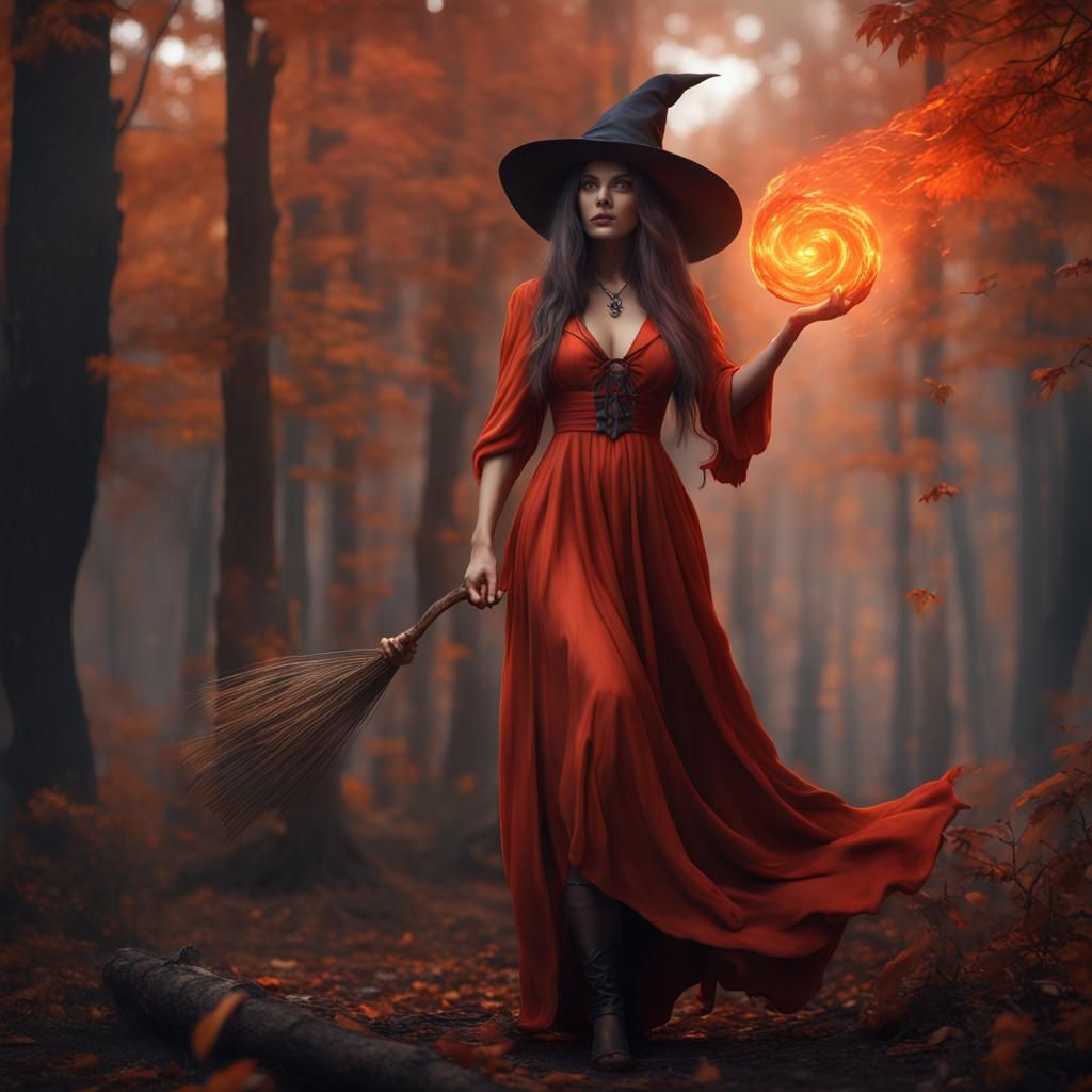 Hyperrealistic Witch Spellcasting in Red and Orange